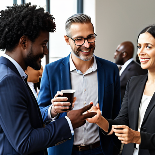 Home 11 ** A diverse group of professionals networking at an industry conference, focusing on genuine interactions and sharing of ideas. The atmosphere should convey trust and collaboration.
**