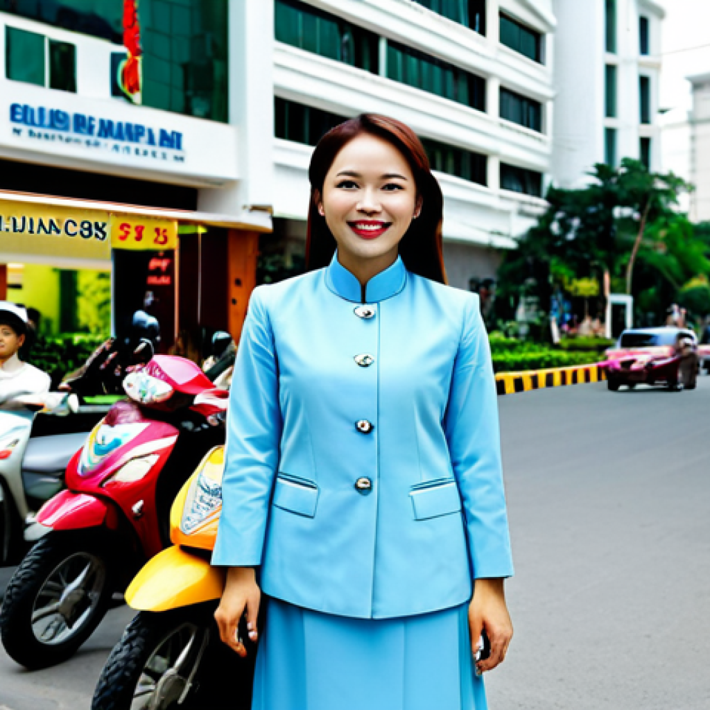 **

"A confident Vietnamese businesswoman in a tailored ao dai, standing in front of a modern office building in Ho Chi Minh City, fully clothed, appropriate attire, safe for work, perfect anatomy, natural proportions, professional photography, high quality, professional, modest, family-friendly. The backdrop includes a bustling street scene with motorbikes and colorful signage.  Focus on her warm smile and professional demeanor."

**