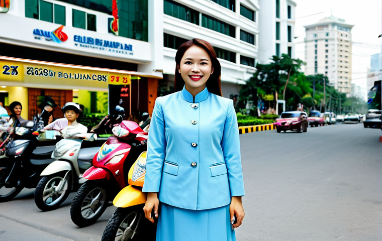 **
"A confident Vietnamese businesswoman in a tailored ao dai, standing in front of a modern office building in Ho Chi Minh City, fully clothed, appropriate attire, safe for work, perfect anatomy, natural proportions, professional photography, high quality, professional, modest, family-friendly. The backdrop includes a bustling street scene with motorbikes and colorful signage. Focus on her warm smile and professional demeanor."
**