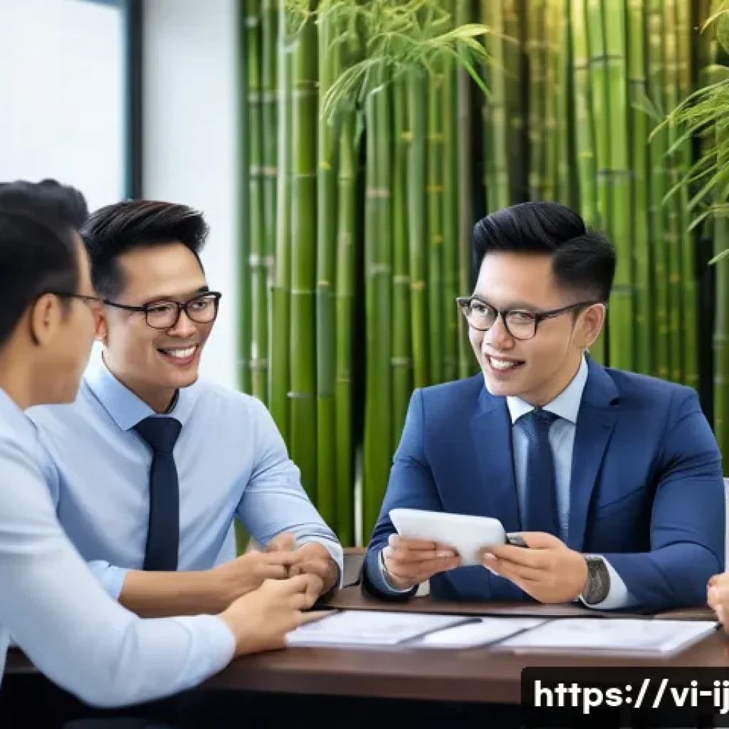 경력 스폰서와의 대화에서의 공감 기술 - A professional Vietnamese business meeting scene featuring a diverse group of sponsors and project m...