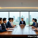 Home 22 경력 스폰서와의 대화에서 유의해야 할 사항 - A professional business meeting scene in a modern Vietnamese office, featuring a diverse group of we...