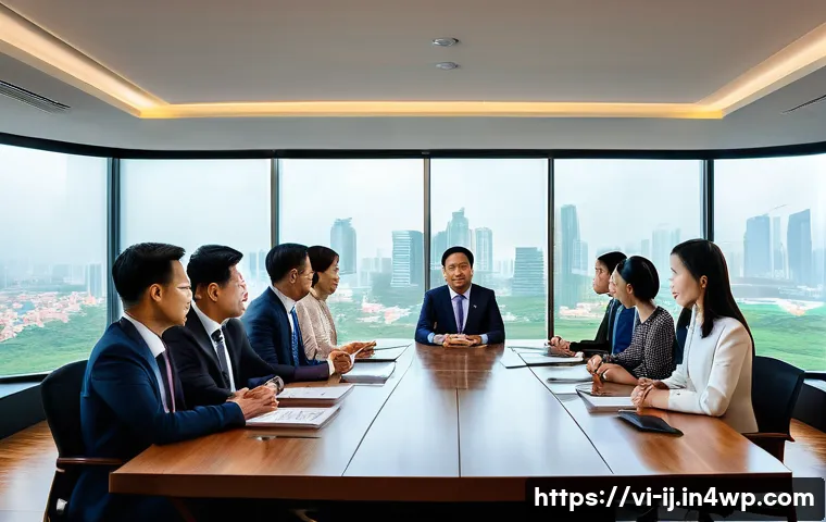 경력 스폰서와의 대화에서 유의해야 할 사항 - A professional business meeting scene in a modern Vietnamese office, featuring a diverse group of we...