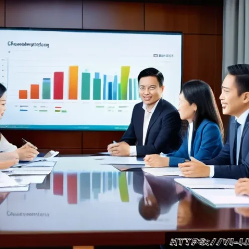 Home 33 스폰서와의 관계에서의 신뢰 구축 방법 - A professional Vietnamese business meeting scene showing a diverse group of executives around a larg...